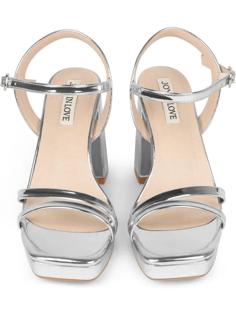 Women's Silver Patent Ankle Strap Square Open Toe  Chunky Block Heels Sandals